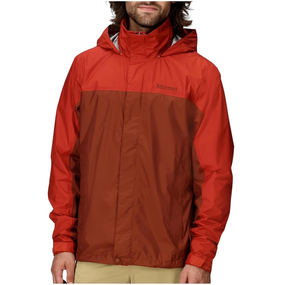 Marmot PreCip Rain Jacket Mens XL Red Colorblock Hooded Waterproof Shell Nylon